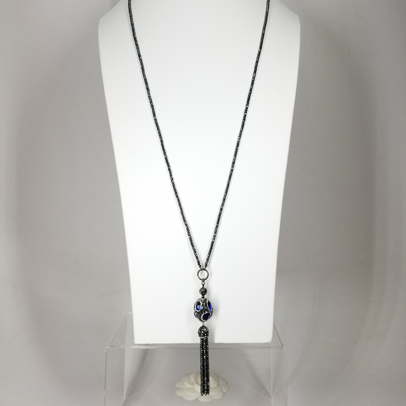 Blue Crystal Cat Eye Gem Hematite Tassel Choker NEW - Picture 3 of 12